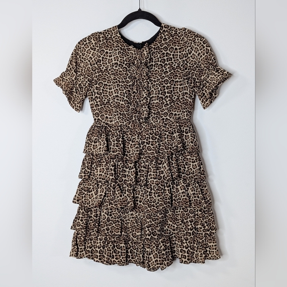 Bardot Junior Girls Leopard Print Short Sleeve Ruffle‎ Tiered Dress Brown 14